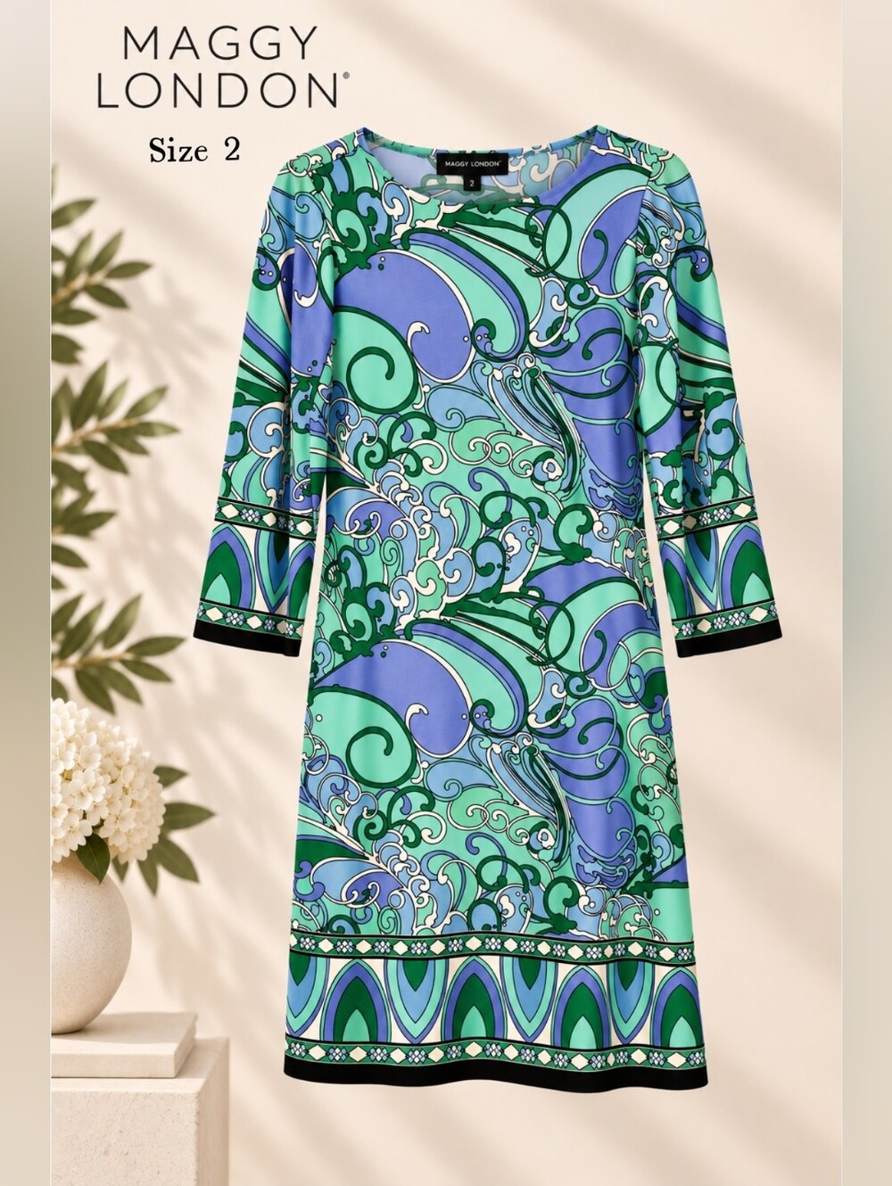 EUC Maggy London Floral Print Boat Neckline 3/4 Sleeve Dress, Size 2